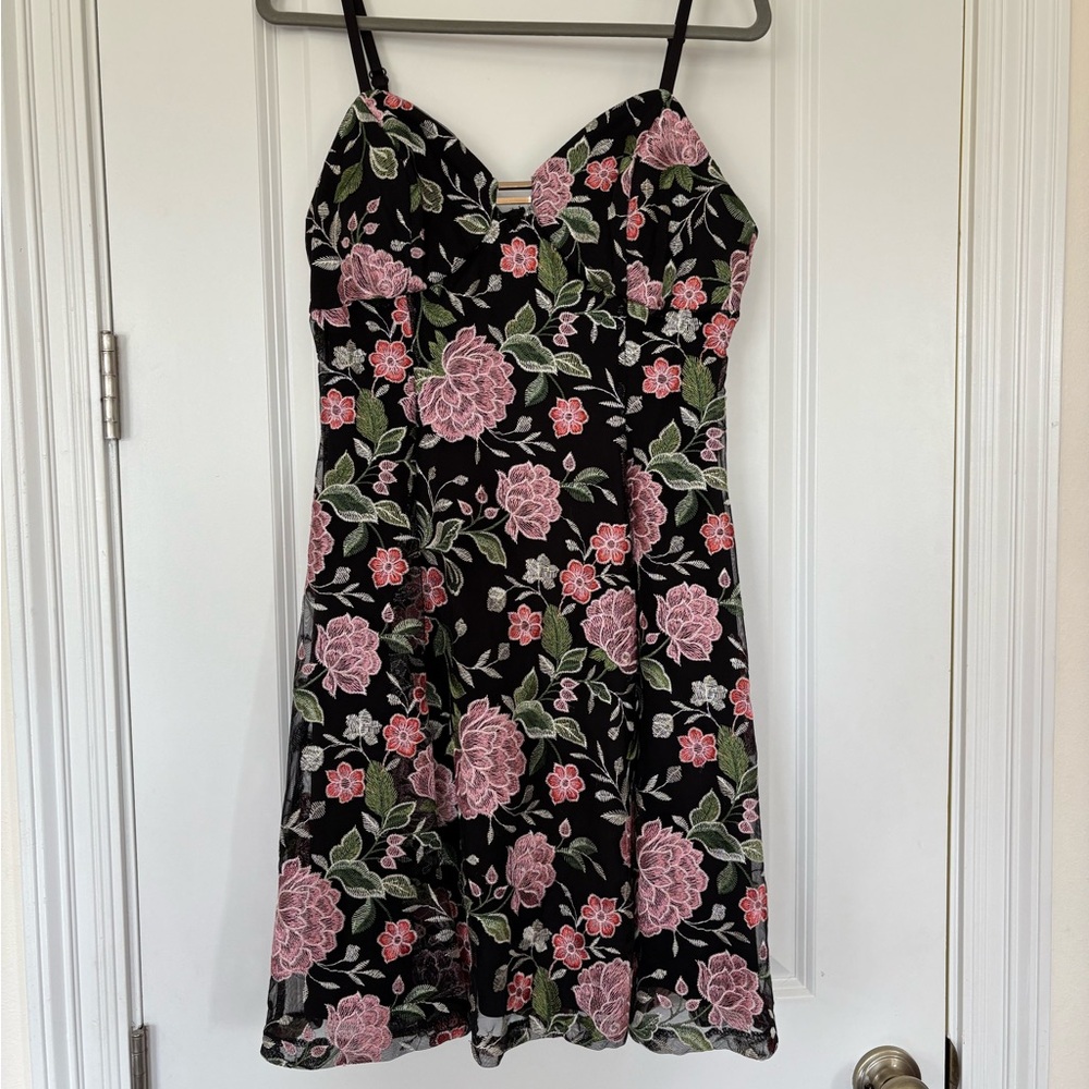 GUESS Adjustable Strap Fit and Flare Dress with Floral Overlay